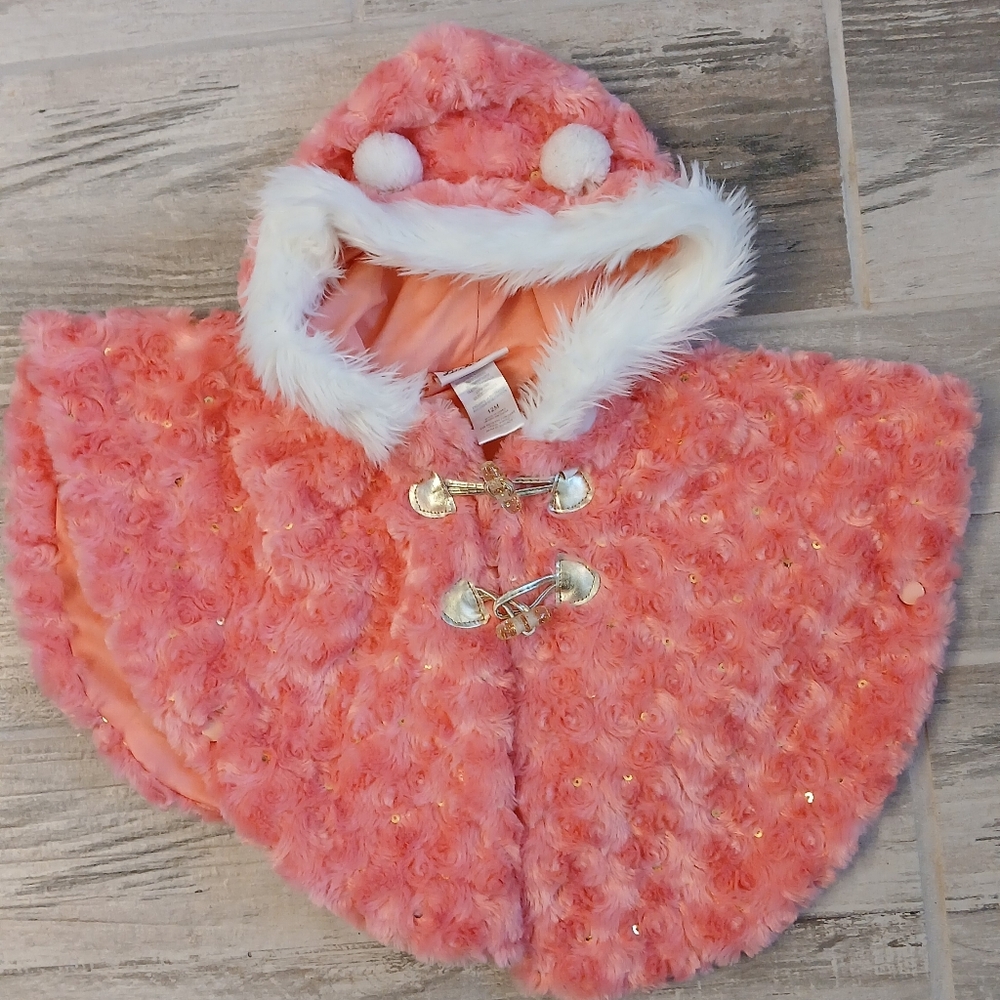 Little Lass Faux Fur Hooded Poncho – Size 12M – Coral Pink – Sparkle Details